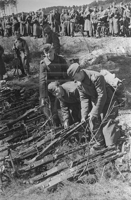 9 мая 1945 года. Капитулировавшие гитлеровцы складывают свое оружие. Коса Фрише Нерунг. Восточная Пруссия.