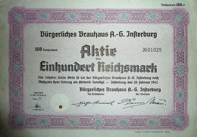 Акция BÜRGERLICHES BRAUHAUS A. G. INSTENBURG на 100 Рейхсмарок.